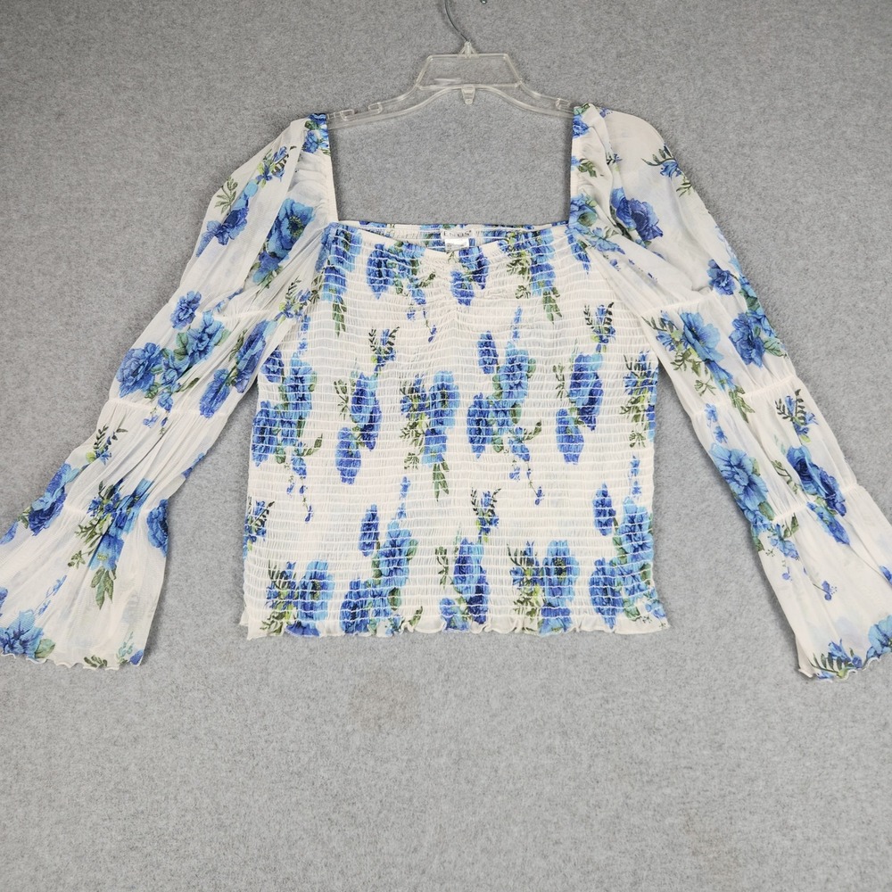 Venus Smocked Top Womens L Blue White Floral Mesh Bell Sleeve Boho Square Neck
